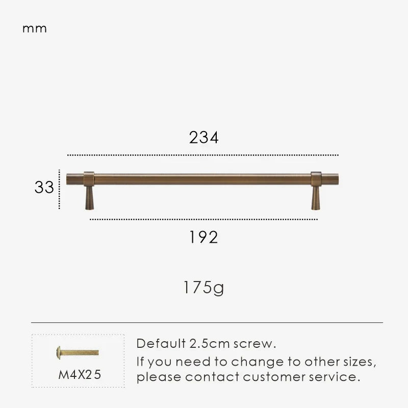 Measurement chart for antique brass stepped ring pull 234 mm with dimensions and weight information.