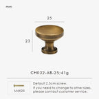 Antique bronze cabinet knob 25mm with dimensions and weight on a white background.