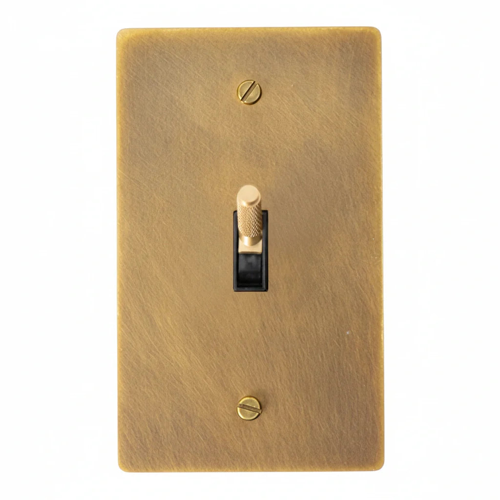 Brass-colored light switch cover with a toggle switch on a white background
