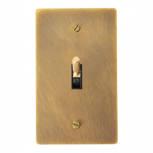 Brass-colored light switch cover with a toggle switch on a white background