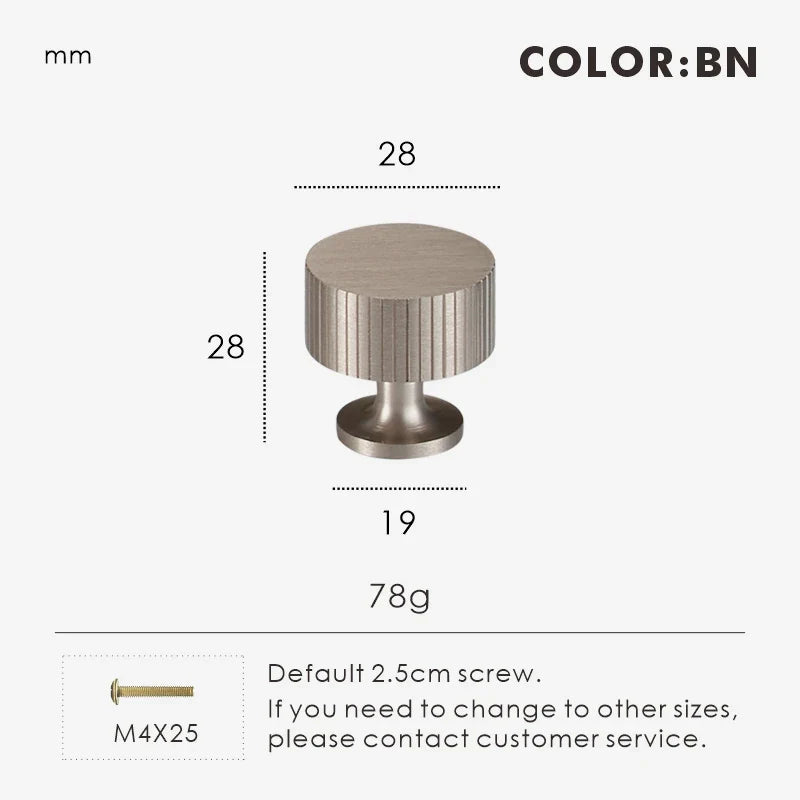 Art deco door knob 28mm with dimensions and weight on a white background.