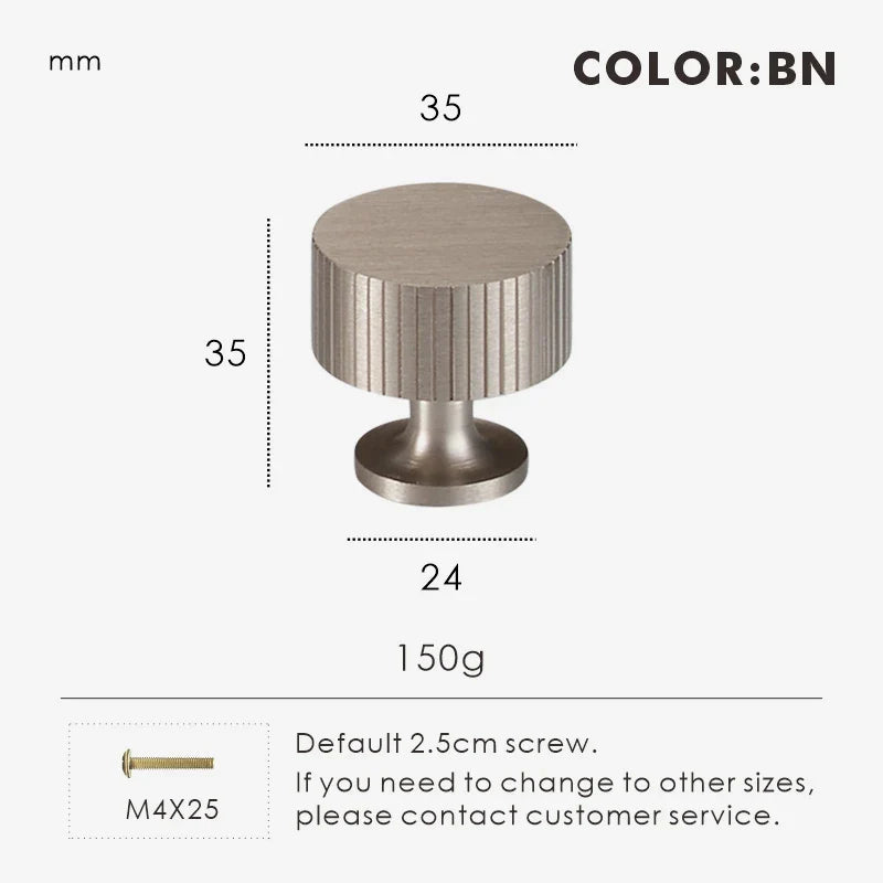 Art deco door knob 35mm with dimensions and weight on a white background.