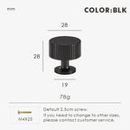 Measurement chart for black brass Art Deco knob 28 mm with dimensions and weight information.
