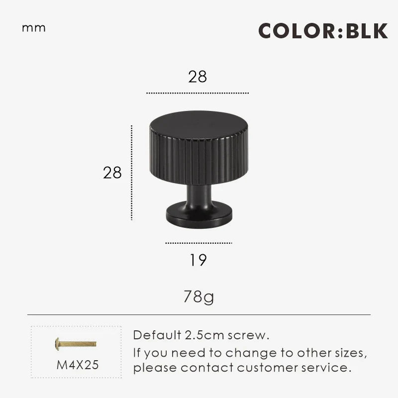 Measurement chart for black brass Art Deco knob 28 mm with dimensions and weight information.