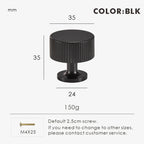 Measurement chart for black brass Art Deco knob 35 mm with dimensions and weight information.