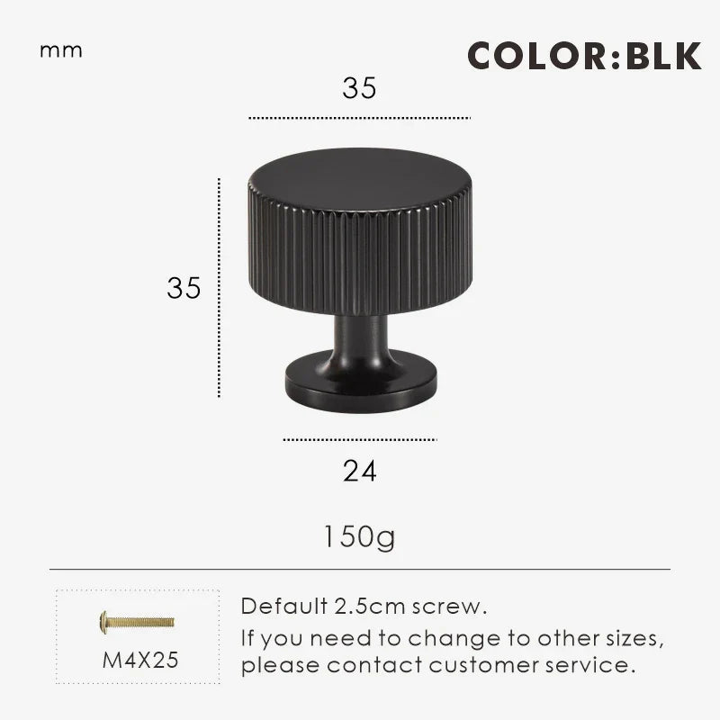 Measurement chart for black brass Art Deco knob 35 mm with dimensions and weight information.