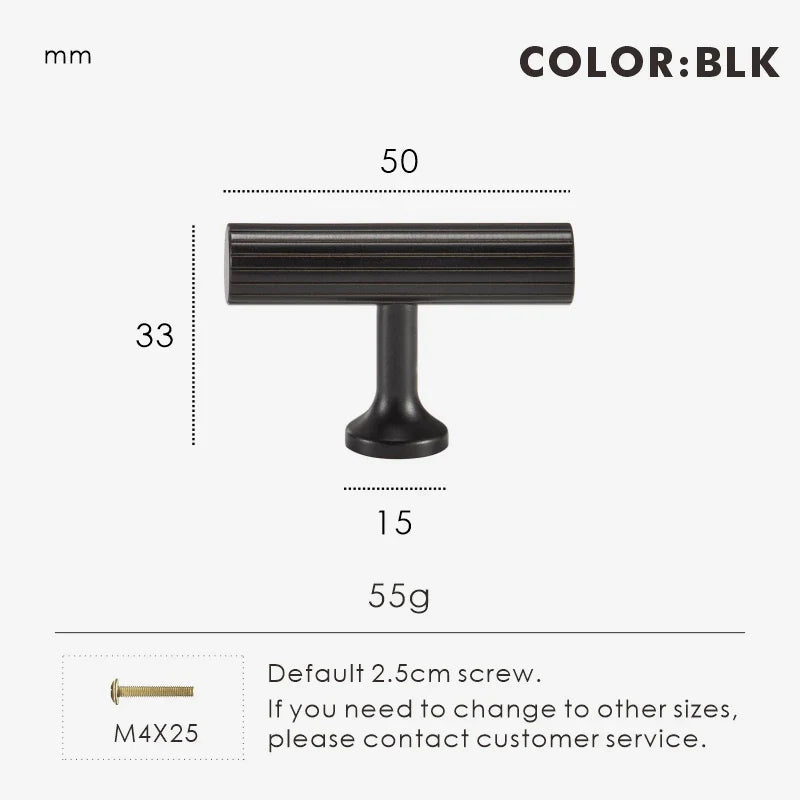 Measurement chart for black brass Art Deco t-bar 50 mm with dimensions and weight information.