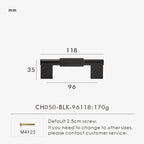 Measurement chart with a black brass cross-knurled pull 118 mm long and dimensions on a white background.