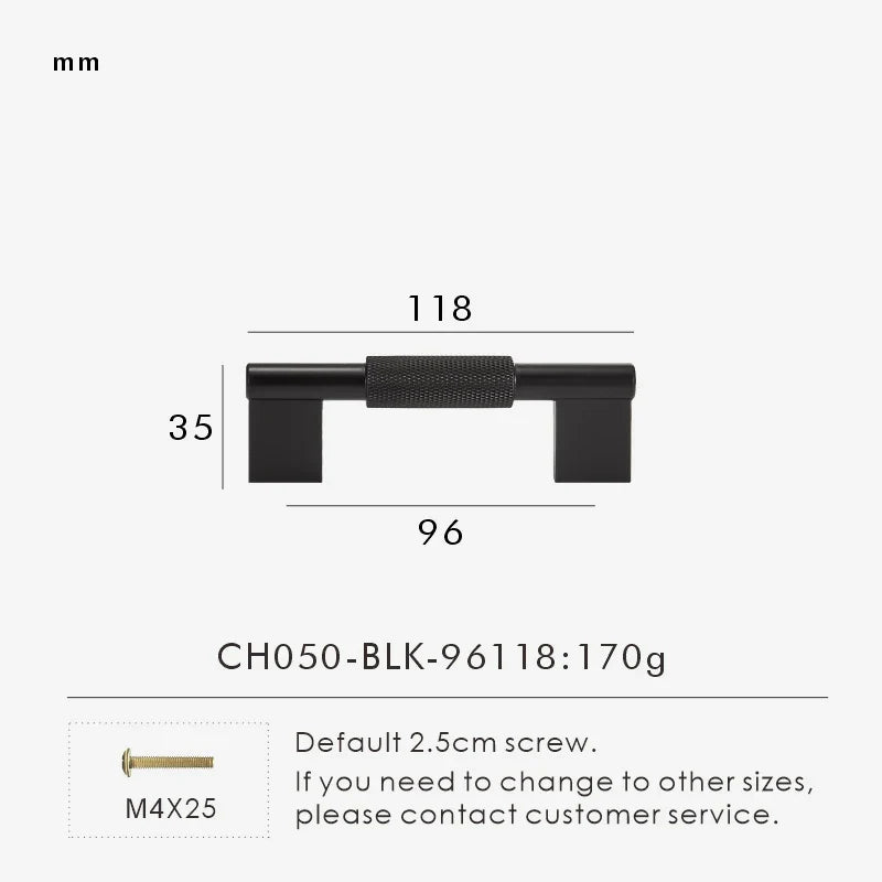 Measurement chart with a black brass cross-knurled pull 118 mm long and dimensions on a white background.