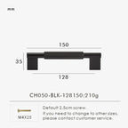 Measurement chart with a black brass cross-knurled pull 150 mm long and dimensions on a white background.
