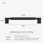 Measurement chart with a black brass cross-knurled pull 214 mm long and dimensions on a white background.