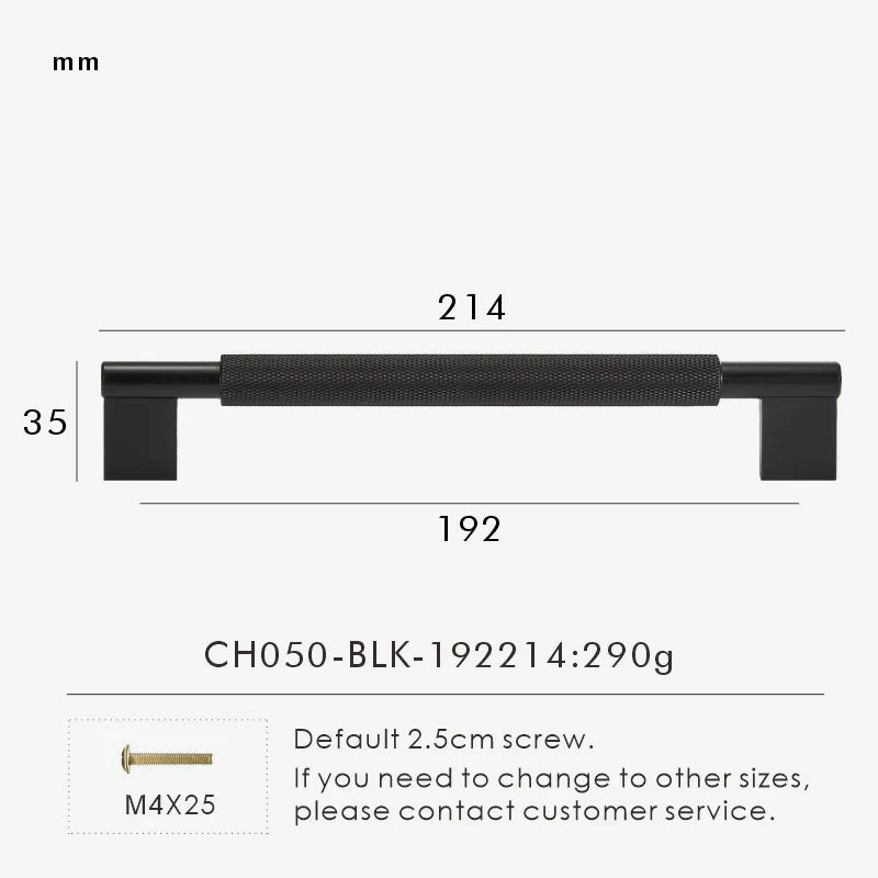Measurement chart with a black brass cross-knurled pull 214 mm long and dimensions on a white background.