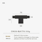 Measurement chart with a black brass cross-knurled t-bar 70 mm long and dimensions on a white background.