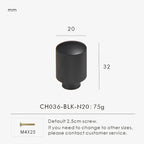 Measurement chart for a black brass cross knurled knob I 20 mm with dimensions and weight information.
