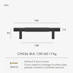 Measurement chart for a black brass cross knurled pull 160 mm with dimensions and weight information.