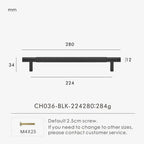 Measurement chart for a black brass cross knurled pull 280 mm with dimensions and weight information.