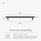 Measurement chart for a black brass cross knurled pull 330 mm with dimensions and weight information.