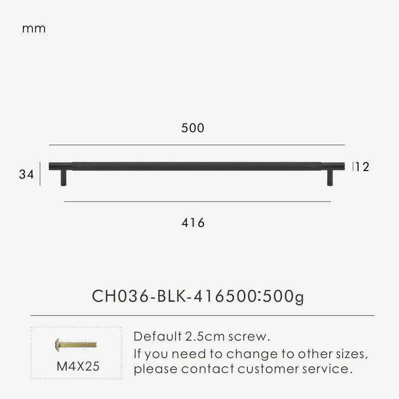 Measurement chart for a black brass cross knurled pull 500 mm with dimensions and weight information.