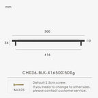 Measurement chart for a black brass cross knurled pull 500 mm with dimensions and weight information.
