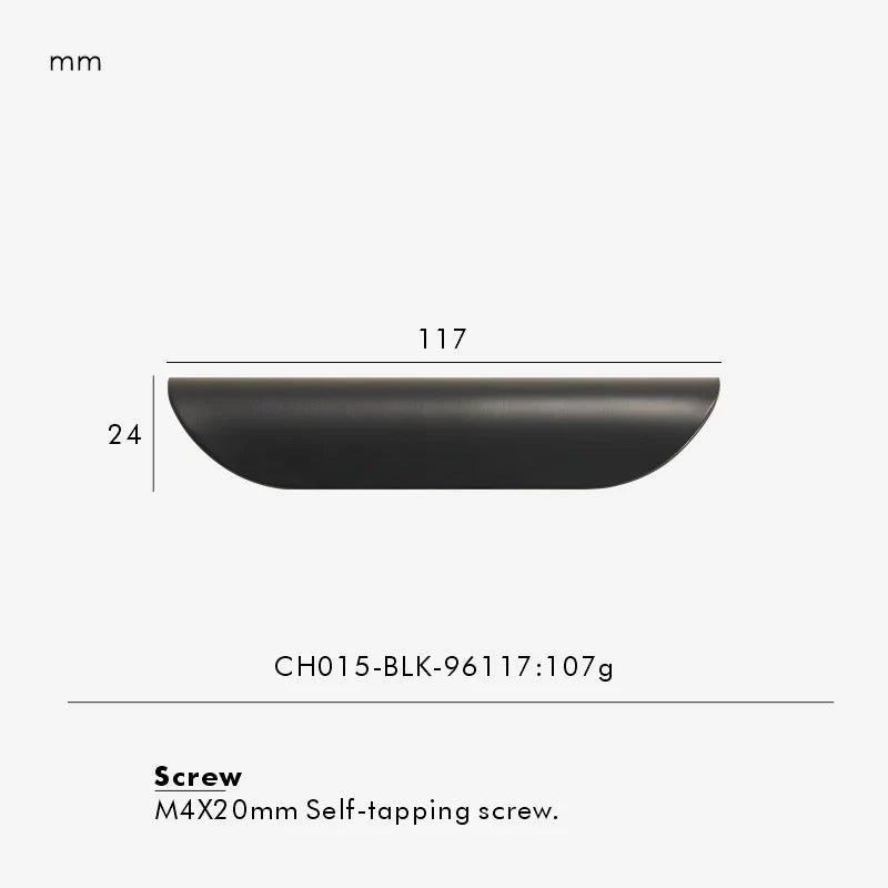 Measurement chart for a black brass edge pull 117 mm with dimensions and weight information.