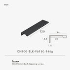 Measurement chart for black brass edge pull 120 mm with dimensions and weight information.