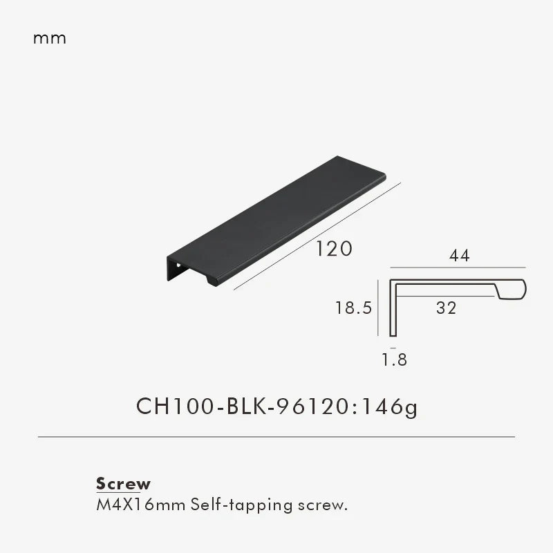 Measurement chart for black brass edge pull 120 mm with dimensions and weight information.
