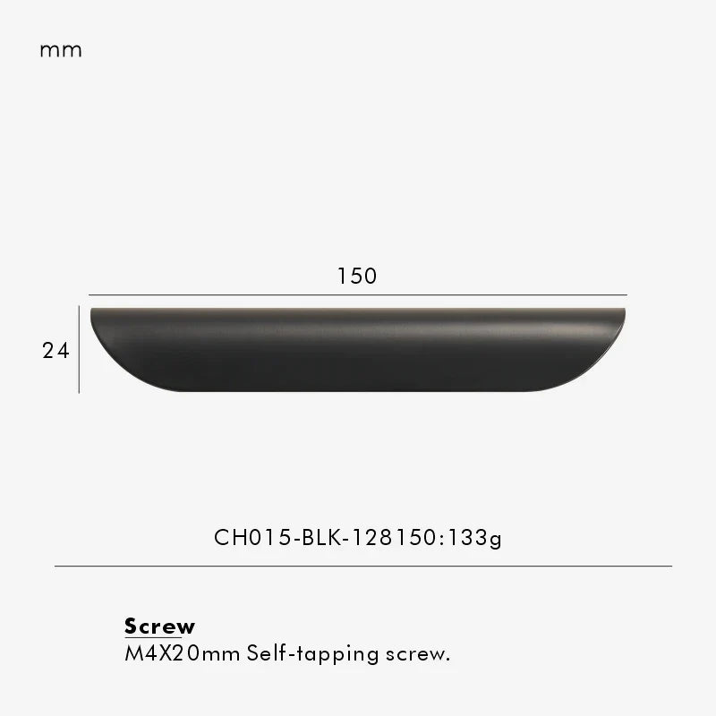 Measurement chart for a black brass edge pull 150 mm with dimensions and weight information.