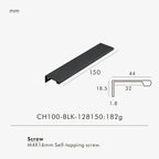 Measurement chart for a black brass edge pull 150 mm with dimensions and weight information.