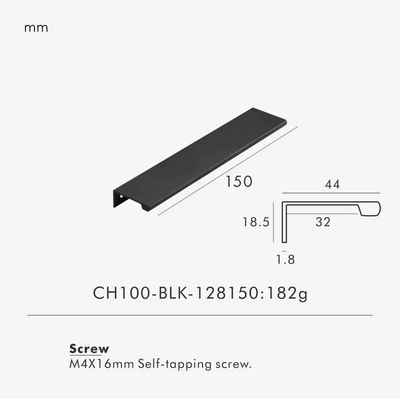 Measurement chart for a black brass edge pull 150 mm with dimensions and weight information.