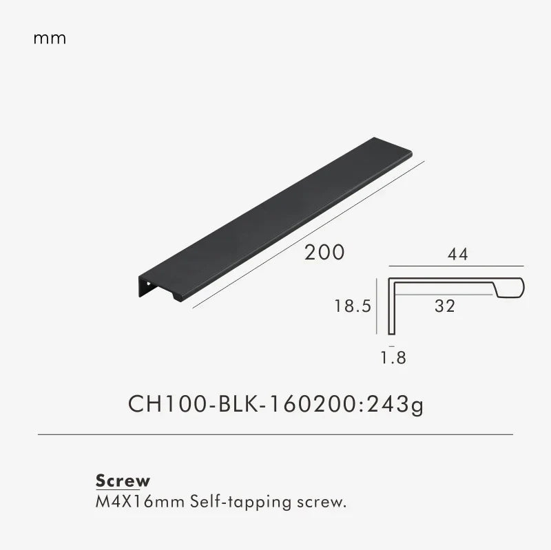 Measurement chart for black brass edge pull 200 mm with dimensions and weight information.