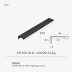 Measurement chart for black brass edge pull 200 mm with dimensions and weight information.