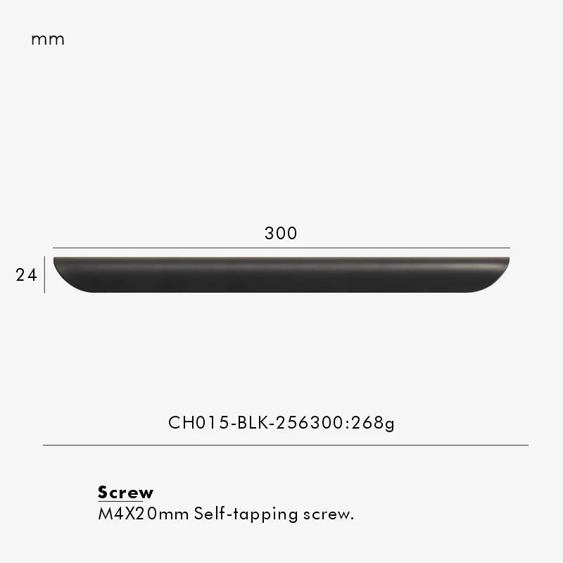 Measurement chart for a black brass edge pull 300 mm with dimensions and weight information.