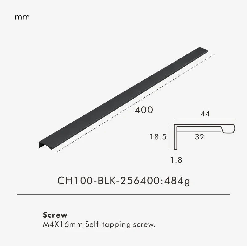 Measurement chart for a black brass edge pull 500 mm with dimensions and weight information.