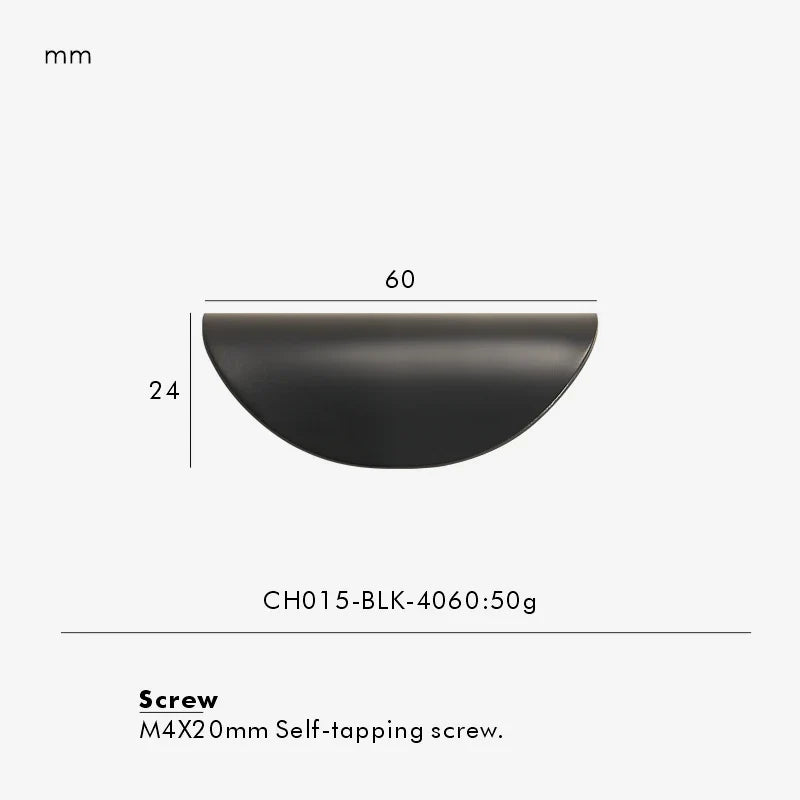 Measurement chart for a black brass edge pull 60 mm with dimensions and weight information.