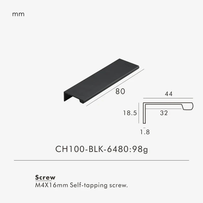 Measurement chart for a black brass edge pull 80 mm with dimensions and weight information.