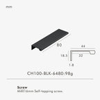 Measurement chart for a black brass edge pull 80 mm with dimensions and weight information.