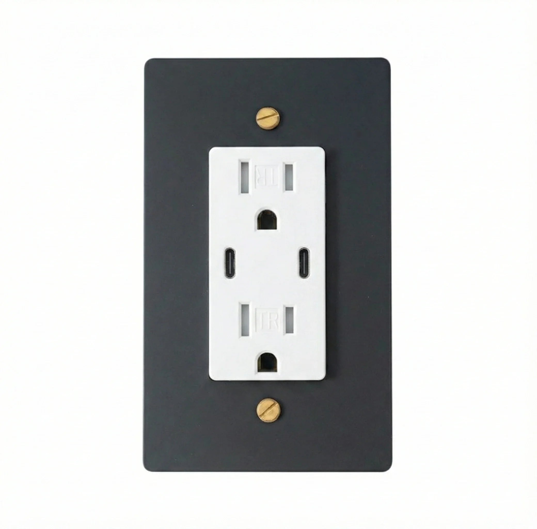 Black electrical outlet cover with a white outlet on a white background