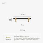 Measurement chart for a black brass stepped ring pull 130 mm with dimensions and weight information.