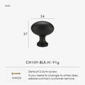 Black cabinet knob with measurements and product details on a white background.