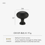 Black cabinet knob with measurements and product details on a white background.