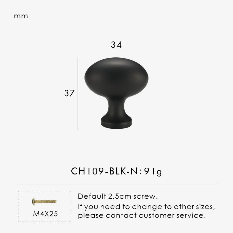 Black cabinet knob with measurements and product details on a white background.