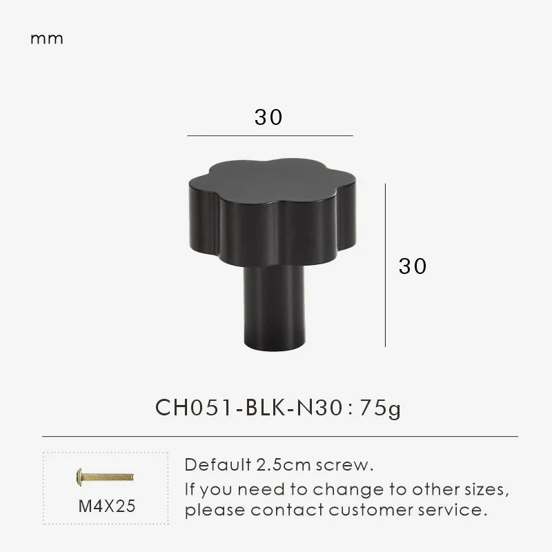 Black flower cabinet knob 30mm with measurements on a white background.