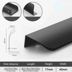 Black hidden edge pull profile with dimensions and hole distance details on a white background.