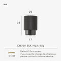 Black knurled brass knob 22mm with measurements on a white background.