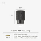 Black knurled brass knob 22mm with measurements on a white background.