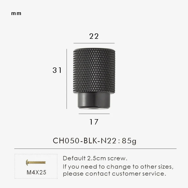 Black knurled brass knob 22mm with measurements on a white background.
