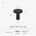 Black matte antique knob 25mm with measurements and product details on a white background.