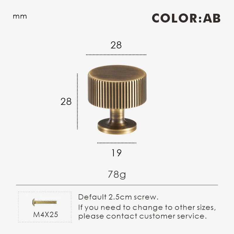 Brass bronze art deco knob 28mm with dimensions and weight on a white background.