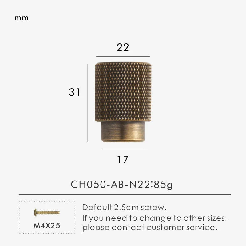 Measurement chart with a brass cross-knurled knob 22 mm long and dimensions on a white background.
