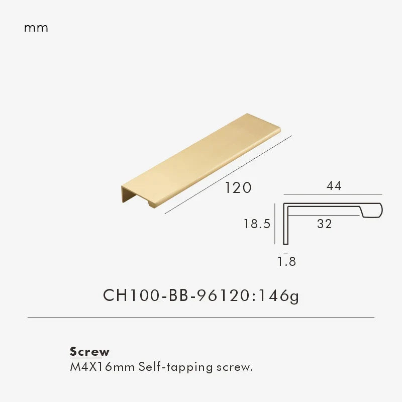 Measurement chart for brass edge pull 120 mm with dimensions and weight information.